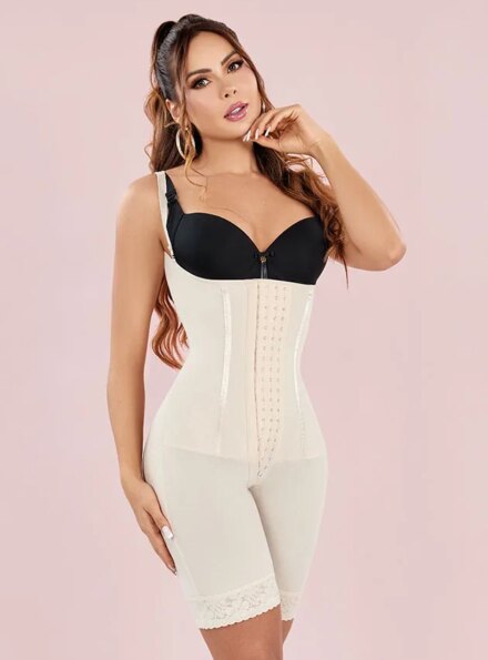 TISSINI Women's Beige Full Body Shaper with Hooks - High Compression Slimimming Faja
